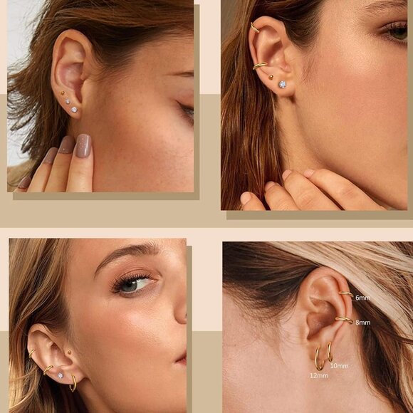 10-Pairs Small Hypoallergenic Surgical Steel Hoop and CZ Stud Earrings Set for S - Picture 4 of 6